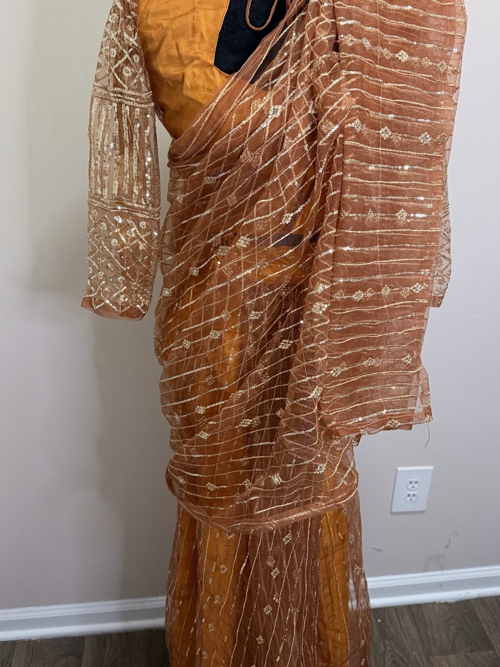 Copper Brown Long Sleeve Women's Dress with Gold Embellishment
